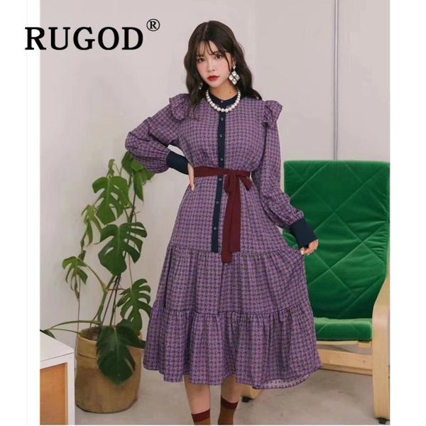 

rugod korean chic sweet women dress elegant lantern sleeve single breasted plaid long dress female 2020 vintage purple dresses, Black;gray