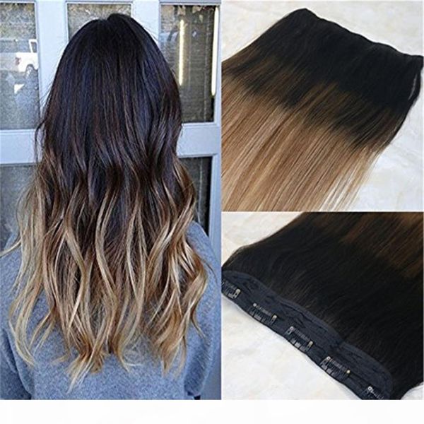 

one piece clip in hair extension 70g color #2 fading to #6 and #18 highlight balayage omber remy human hair unprocessed hair weft, Black