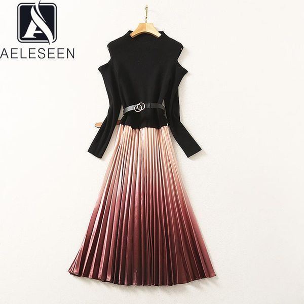 

aeleseen autumn winter knitted dress warm black off the shoulder belt patchwork pleated elegant christmas dress, Black;gray