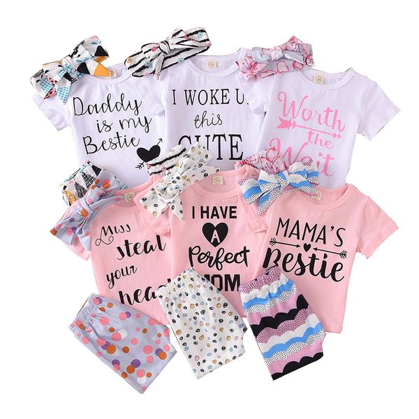 

baby girls cartoon outfits 6 style letter t-shirts infant toddler baby clothes sets striped pants dots floral trousers with headbands 061218, White