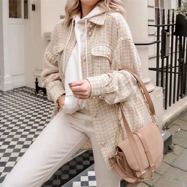 

merodi autumn fashion ladies khaki plaid loose shirt jackets women stylish jewelry button thick coat girl oversize jacket outwea 201210, Black;brown