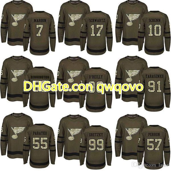 

st. louis blues 2019 stanley cup champions 90 ryan o reilly 50 binnington 17 schwartz authentic green salute to service hockey jerseys, Black;red