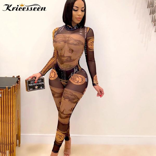 

kricesseen black print money two pieces pant set women stand long sleeve bodysuit and long pants bodycon clubwear suits, Gray