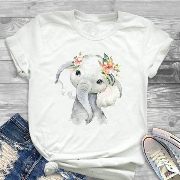 

women shirt cartoon elephant flower plus size clothing summer ladies female t womens clothes t-shirt graphic printed tshirt, White
