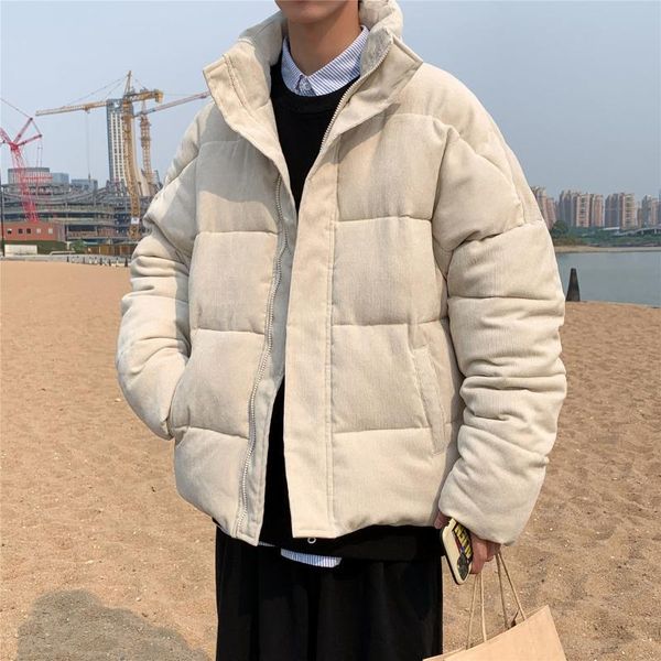 

2020 winter new men's corduroy parkas loose korean streetwear woman coats solid color parka man warm clothing, Black