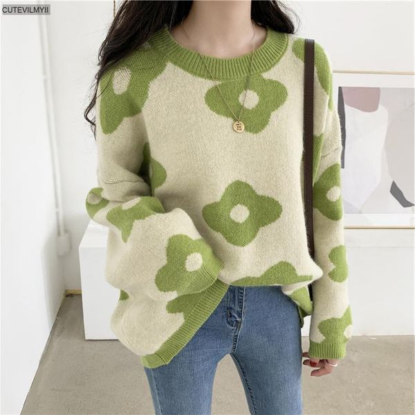 

women oversize warm soft loose pullover preppy chic casual sweet lazy style patchwork floral students knitted all match sweaters1, White;black