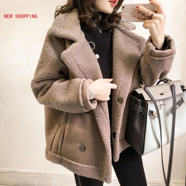 

winter new lapel lamb wool coat female loose oversized fur motorcycle jacket tide thicken warm fashion women jackets coats khaki, Black
