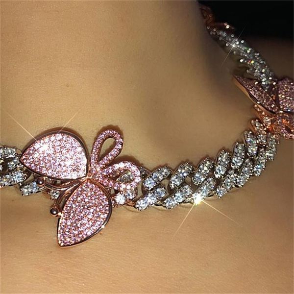 

glaming pink cuban link butterfly choker necklace chain crystal rhinestone chokers necklaces for women gold collar wholesale cx200724, Golden;silver