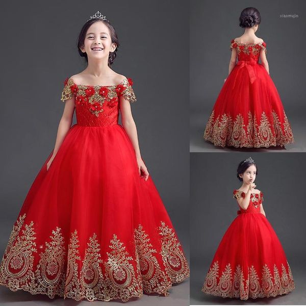 

girl's dresses red formal floor length flower girl dress with gold applique lace long princess brithday 3d flowers kids ball gown1, Red;yellow