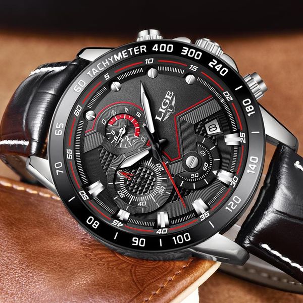 

relogio masculino men watch 2020 new lige brand casual fashion sport waterproof leather quartz clock man wristwatch, Slivery;brown
