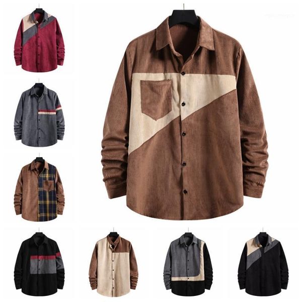 

men's dress shirts corduroy men 2021 patchwork longsleeve shirt mens fashion clothing trends casual loose business shirt1, White;black