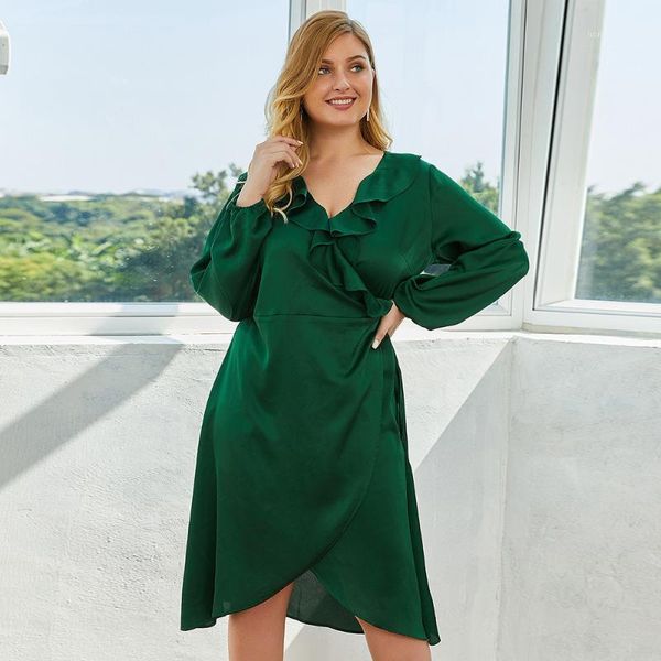 

whzhm plus size 3xl 4xl green satin face dress vintage ruffles v-neck sashes long puff sleeve party casual dress women1, Black;gray