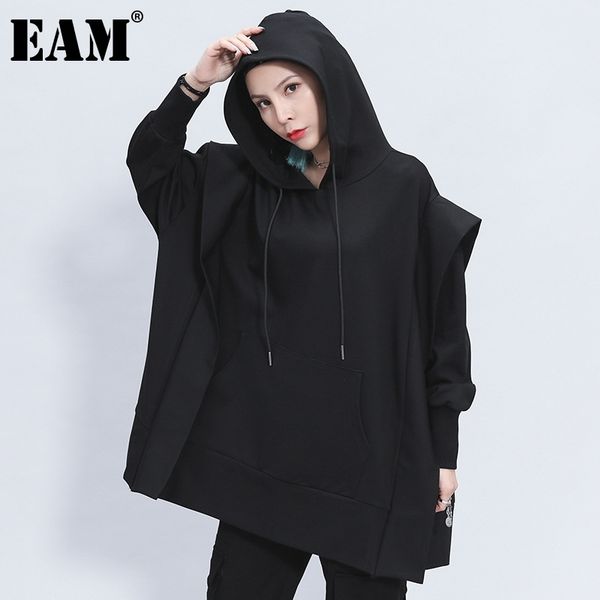 

[eam] loose fit black split joint long sweatshirt new hooded long sleeve women big size fashion tide spring autumn 1z350 201126