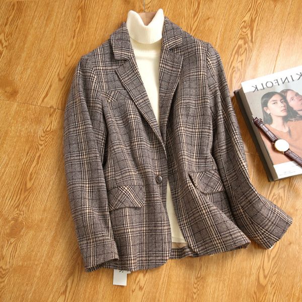 

women blazer british small suit women's woolen spring and autumn short wool coat fashion single button plaid jacket, Black