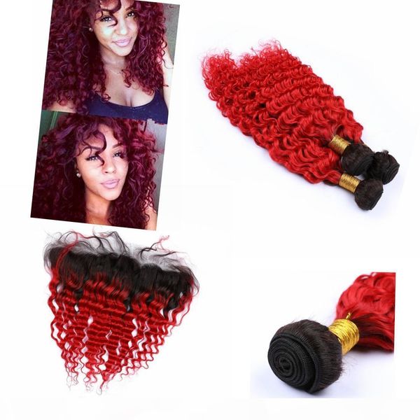 

ombre frontal closure for brazilian hair deep wave hair bundles with closure 13" * 4" lace frontal deep wave ombre hair bundles, Black;brown