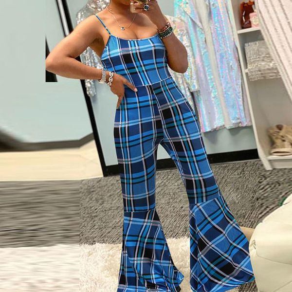 

women's jumpsuits & rompers 2021 fashion women jumpsuit sleeveless o neck high waist slim plaid flare ladies pants for female1, Black;white