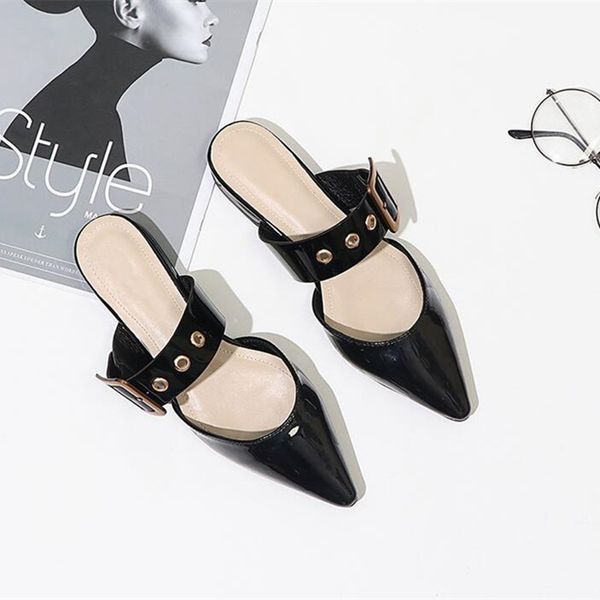 

pointed toe half slippers female 2019 summer new metal square buckle sandals mesh casual mules shoes ladies sandals, Black