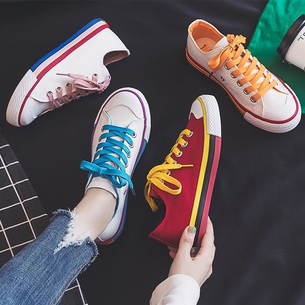 

fashion woman shoes antumn rainbow women canvas shoes fashion casual retro new sneakers flat shallow vulcanized shoes women y200424, Black