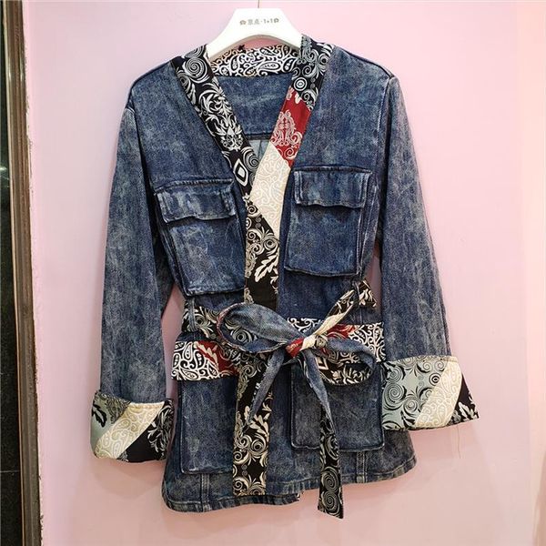

ewq] 2020 autumn new long sleeve outerwear turn down collar streetwear loose casual women denim jacket vintage print overcoats, Black;brown