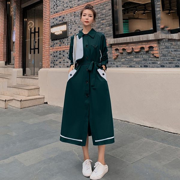 

2021 new female dress spring new fall long fashion lapel sew contrast waist high single-breasted shirt dressed 28x wq83, Black;gray