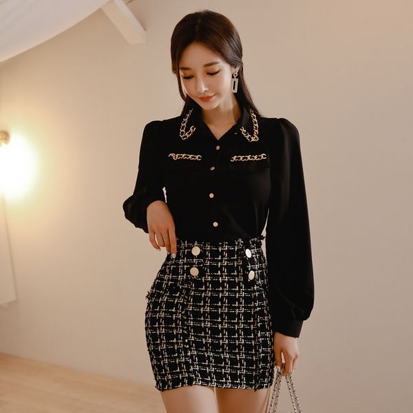 

2020 spring women lantern sleeve black chiffon shirt blouse+tweed plaid pencil short skirt set office lady 2 pieces set, White