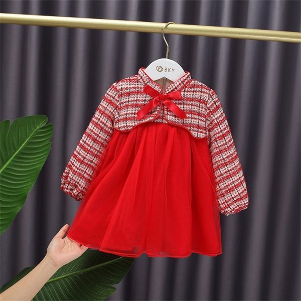 

winter child red festive long-sleeved tutu dress baby girls new year plus velvet fairy foreign air mesh princess dress kids q1117, Red;yellow