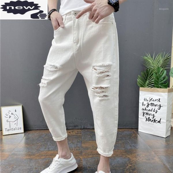 

fashion mens hole ripped jeans harem plus size mid calf denim joggers pants male cowboy casual streetwear trousers1, Blue