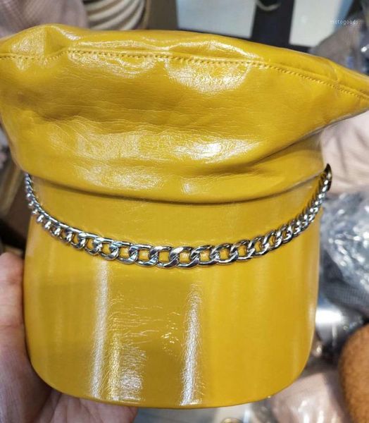 

stingy brim hats women pu leather octagonal cap chain hat sboy caps solid color cool visors style fahion painting1, Blue;gray