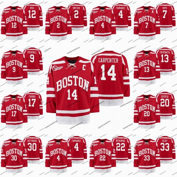 Maglie da hockey Boston University Terrier Maglia scarlatta da torneo di hockey 14 Bobo Carpenter 7 Chad Krys 17 Dante Fabbro 30 Jake Oettinger Cam Crotty