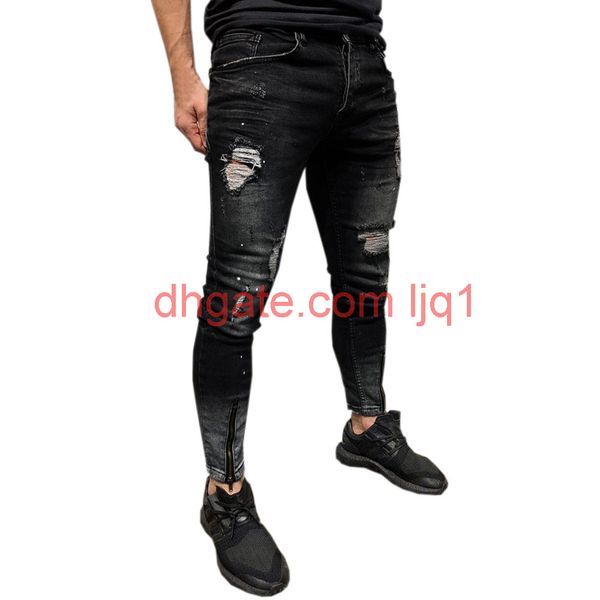 

men stretchy ripped skinny biker solid stripe jeans with zipper hole taped slim fit denim scratched jean 4.25, Blue