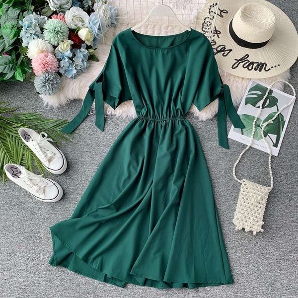 

platycodon french solid color medium long new love gentle wind short dress big swing skirt, Black;gray