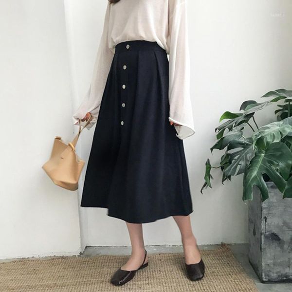 

korea suit material tightness waist solid color high waist half-body skirt woman 2020 spring summer trendy new buttons yj1141, Black