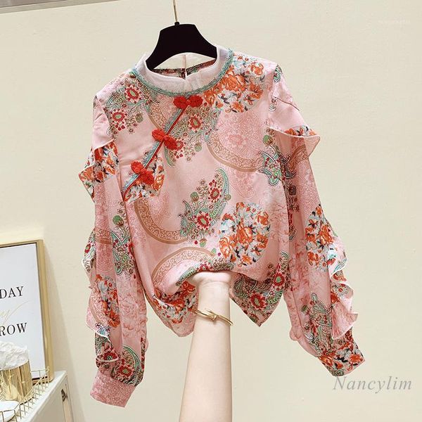 

2021 spring autumn new vintage plate buttons ruffled chiffon shirt women's floral shirt long sleeve blusa mujer1, White