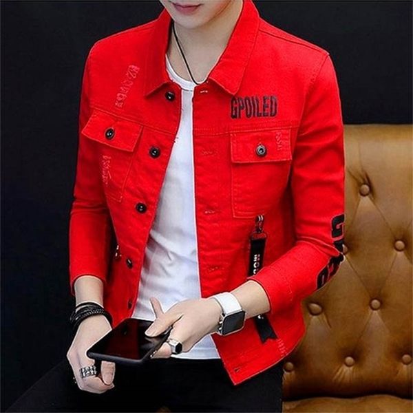 Hot Men's Jacket Jacket Spring Letra de outono da primavera Gray/Red/Black/White Slim Cowboy Roupas bonitas Teenagers Denim Coat 201218