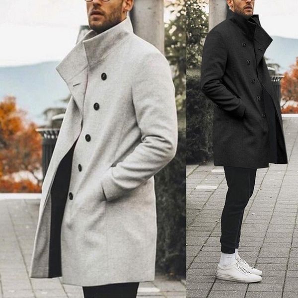

men's wool & blends long coats men streetwear winter classic slim trench coat woolen windbreaker vintage cappotto uomo1, Black