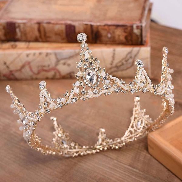 

forseven luxury crystal beads full round tiara women queen diadem bride crown headband headpeice wedding headdress jl, Golden;silver