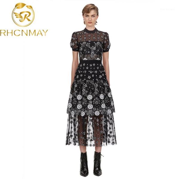 

new self portrait vantage dress 2020 summer design black mesh embroidered flowers midi dress o-neck short sleeve for women1, Black;gray