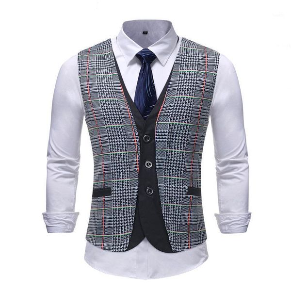

new style british slim fake two piece men's vest small plaid men's suit vest wedding casual 5xl1, Black;white
