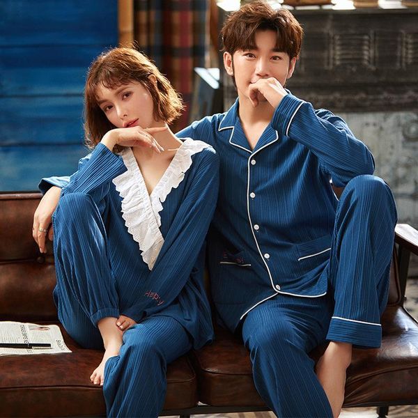 

men's sleepwear couple pajamas cotton lapel comfort casual men homewear two piece set long sleeve mens lounge wear nightwear, Black;brown