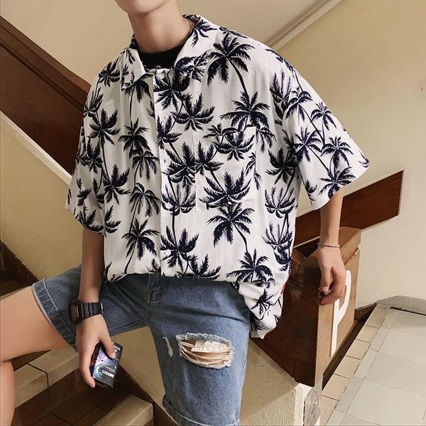 

2019 летний мужской классический стиль моды trend coats с коротким рукавом гавайские печать рубашки мужской французский манжеты рубашки s-xl, White;black