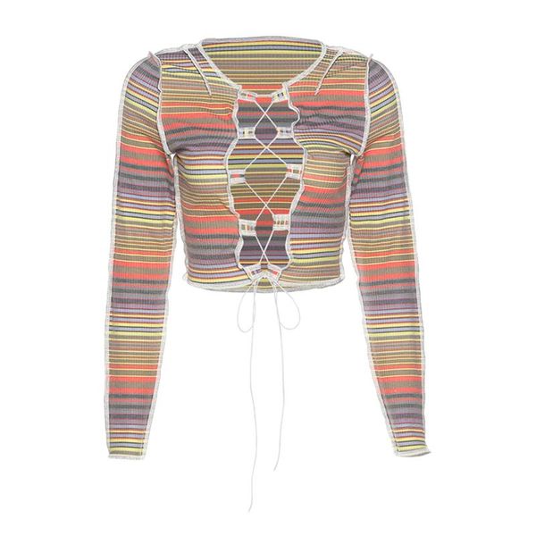 

new fashion women's striped crop long sleeve hollow out lace up slim fit rib knitted blouse, White