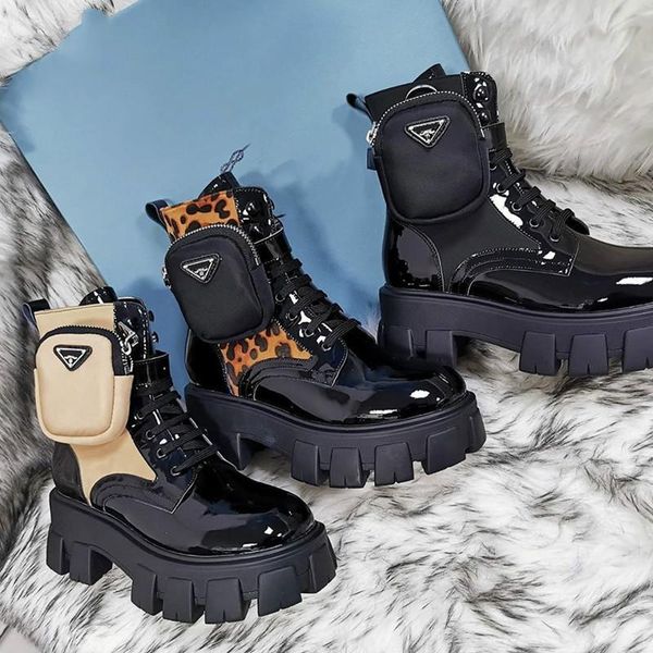 

pocket decor motorcycle boots women fashion thick bottom mid-calf boots round toe cross-tied wearproof shoes new, Black