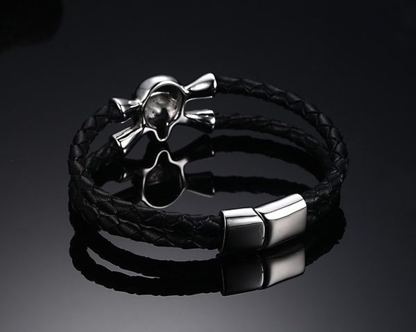 

bracelets genuine punk black men's leather skulls bracelet & bangles jewelry