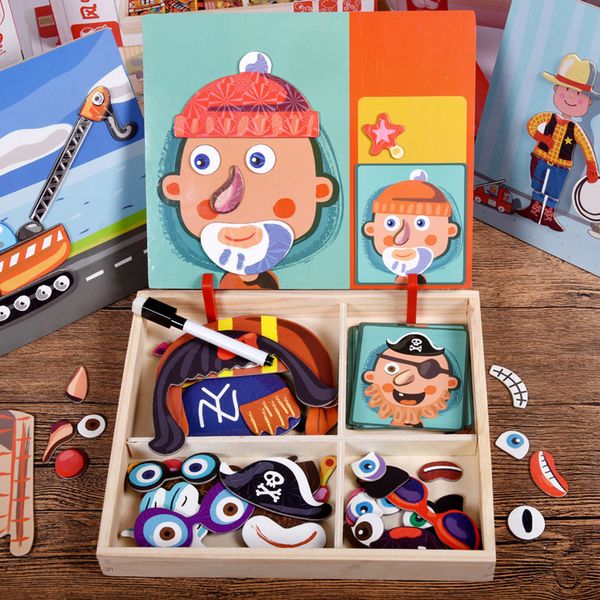 

children early education magnetic puzzle cognitive matching girl clown replaceable facial features cartoon 3d wooden puzzle toy q1214