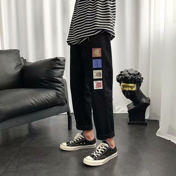 

men's jeans fashion print black pants harajuku street dress for men plus size jeans casual baggy blue pants1