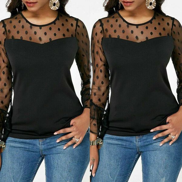 

women fashion o neck summer black lace vest polka dot long sleeve blouse casual tank blouse shirt, White