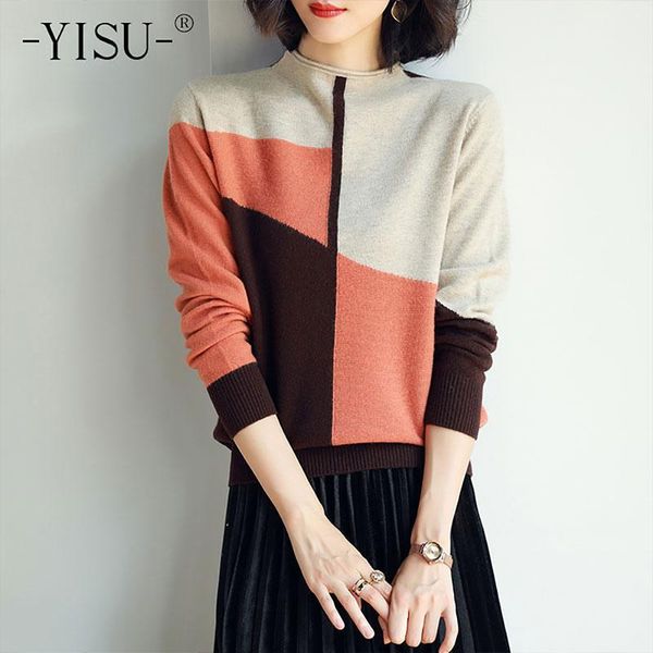 

yisu 2020 autumn winter new women sweater stitching color wool jumper casual all-match fashion warm thick female pullover1, White;black