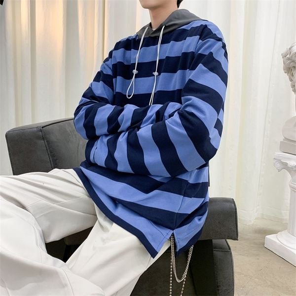 

2021 new spring men's hoodies fashion striped around the neck jacket clothes loose in wild blue zv70 ipz7, Black