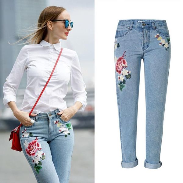 

women's jeans pastoral style mom embroidery rose flower cotton casual streetwear loose straight denim pants plus size 44, Blue