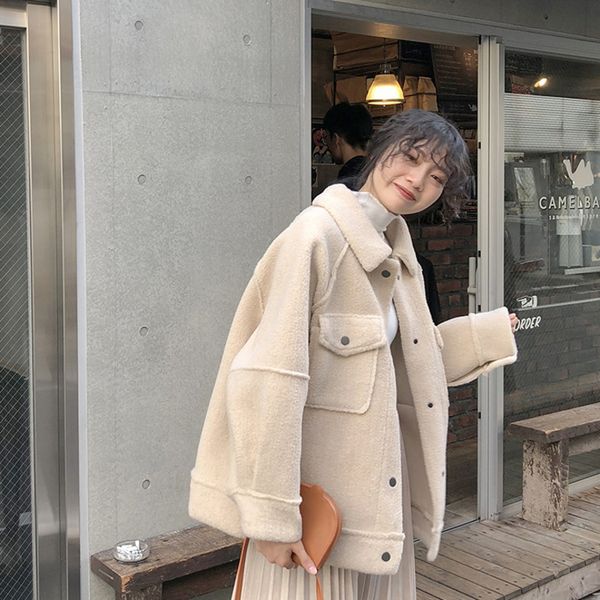 

yocalor 2021 teddy fur spring faux sheepskin coat female basic jackets bomber autumn baseball jacket women plus size za fashion, Black